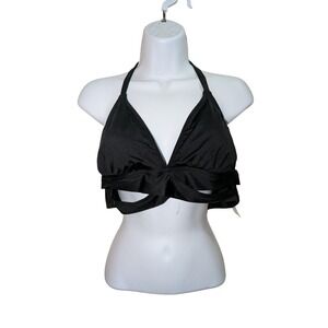Womens Black Halter Wrap Bikini Top Solid Twist Front Swim Top Tie Back